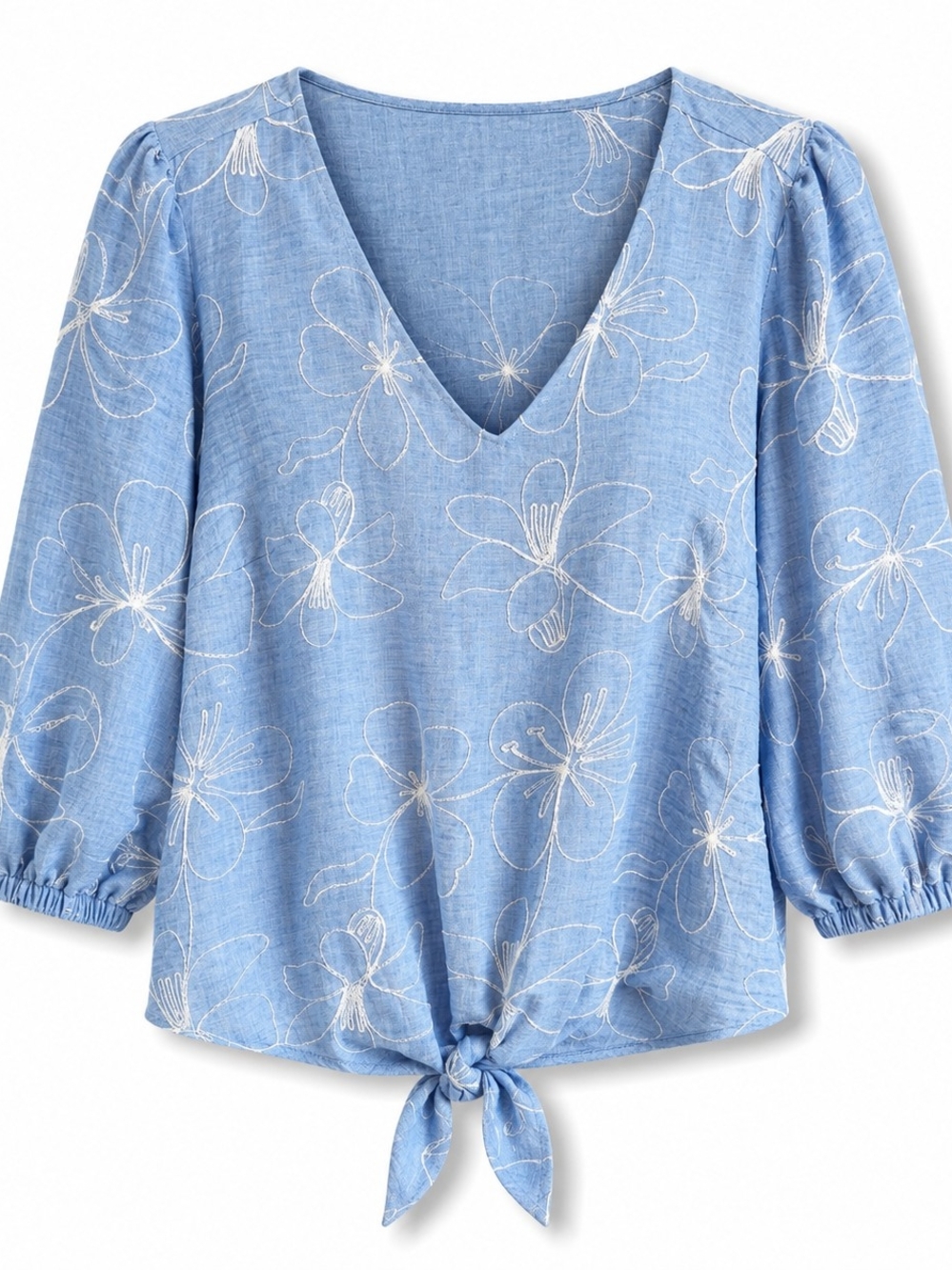 Olivia & Martin 3X Blue Floral Embroidered Tie Front Boho Blouse